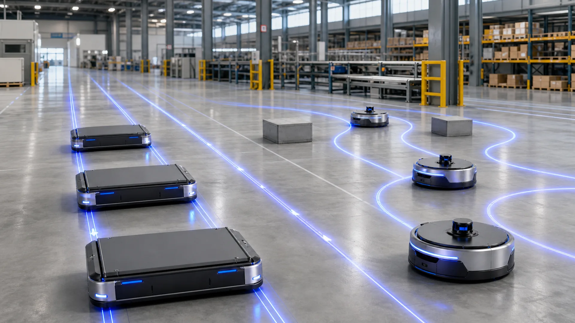 AGVs following fixed warehouse lanes beside AMRs navigating curved routes around obstacles.