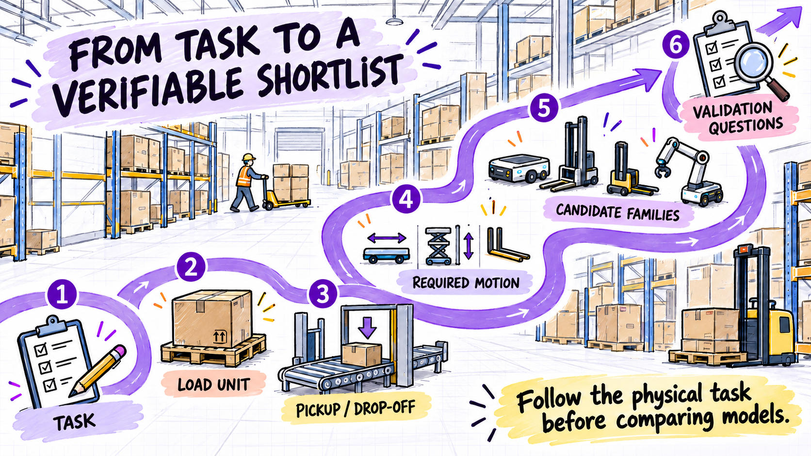 Start with the physical task. A candidate family is a hypothesis to validate, not a final product choice.