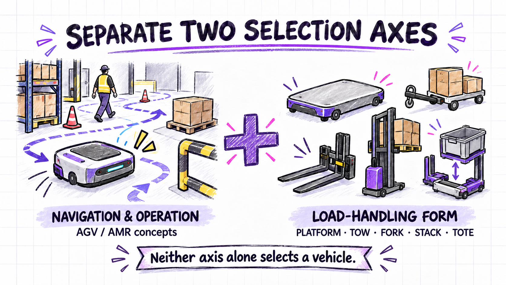 Two separate warehouse robot selection axes: navigation and operating approach, and load-handling form.