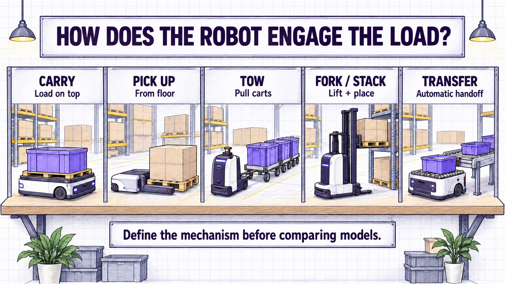 Five load-engagement forms: carry, floor pickup, tow, fork or stack, and automatic transfer.