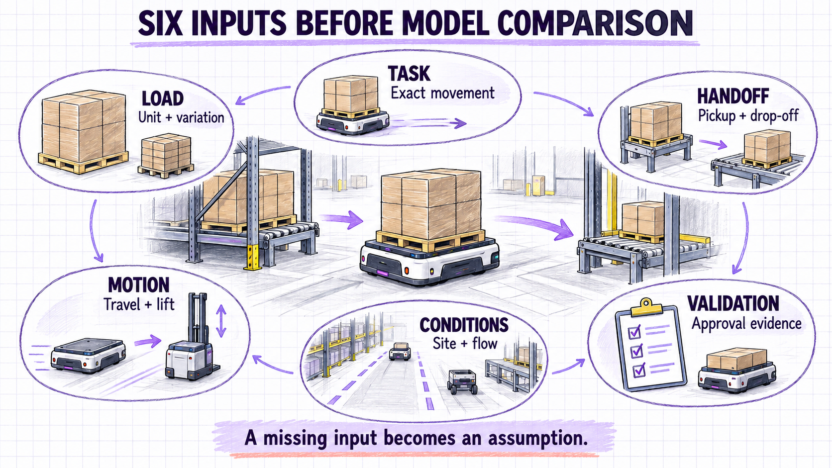 Six inputs required before comparing warehouse robot families: task, load, handoff, motion, conditions, and validation.
