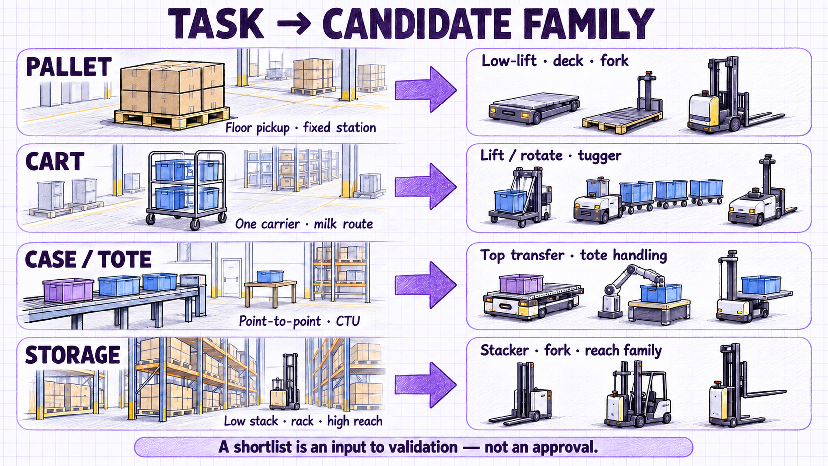 A task-to-family shortlist mapping pallets, carts, totes and storage access to candidate warehouse robot families.