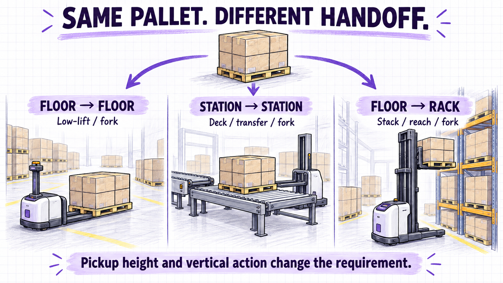 The same pallet task branches into floor pickup, fixed-station transfer, and rack placement, each requiring different candidate mechanisms.