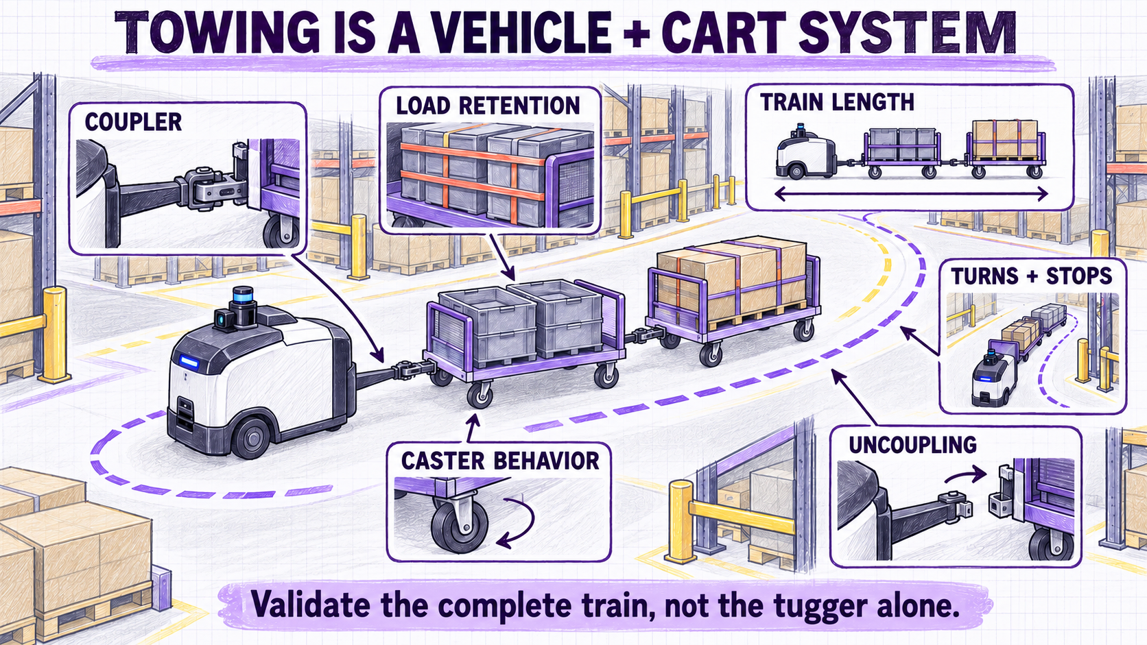 A towing robot connected to carts, showing that couplers, casters, train length, turns and stops are part of the automation system.