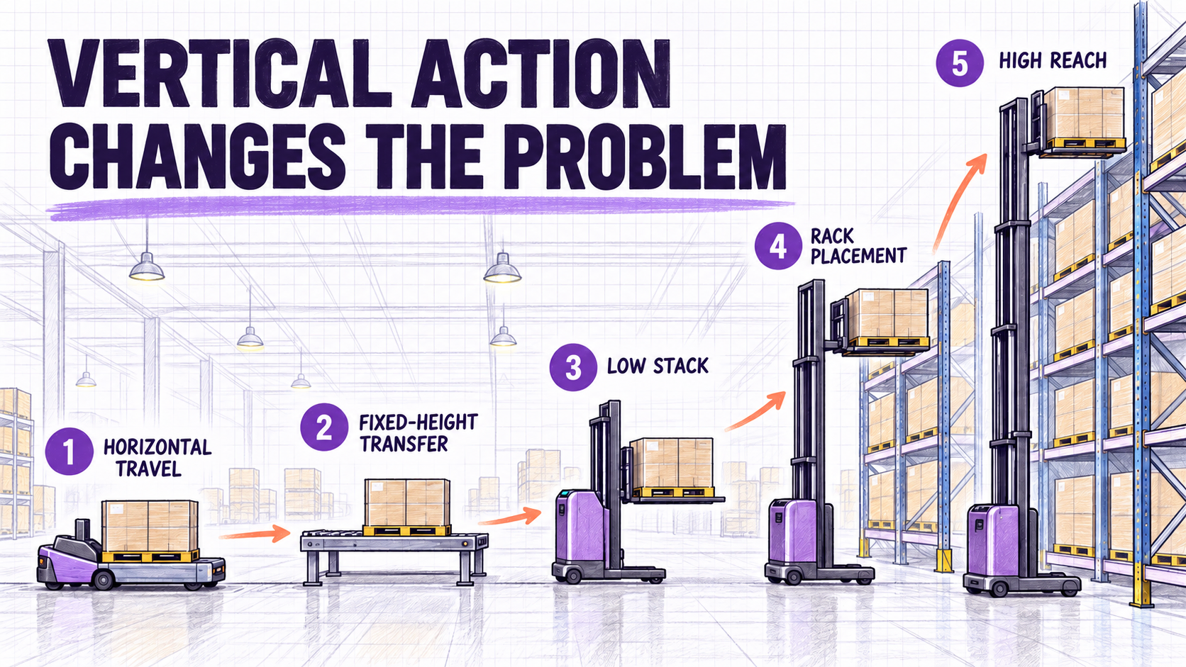 A motion ladder from horizontal transport through transfer and low stacking to rack placement and high-reach storage.