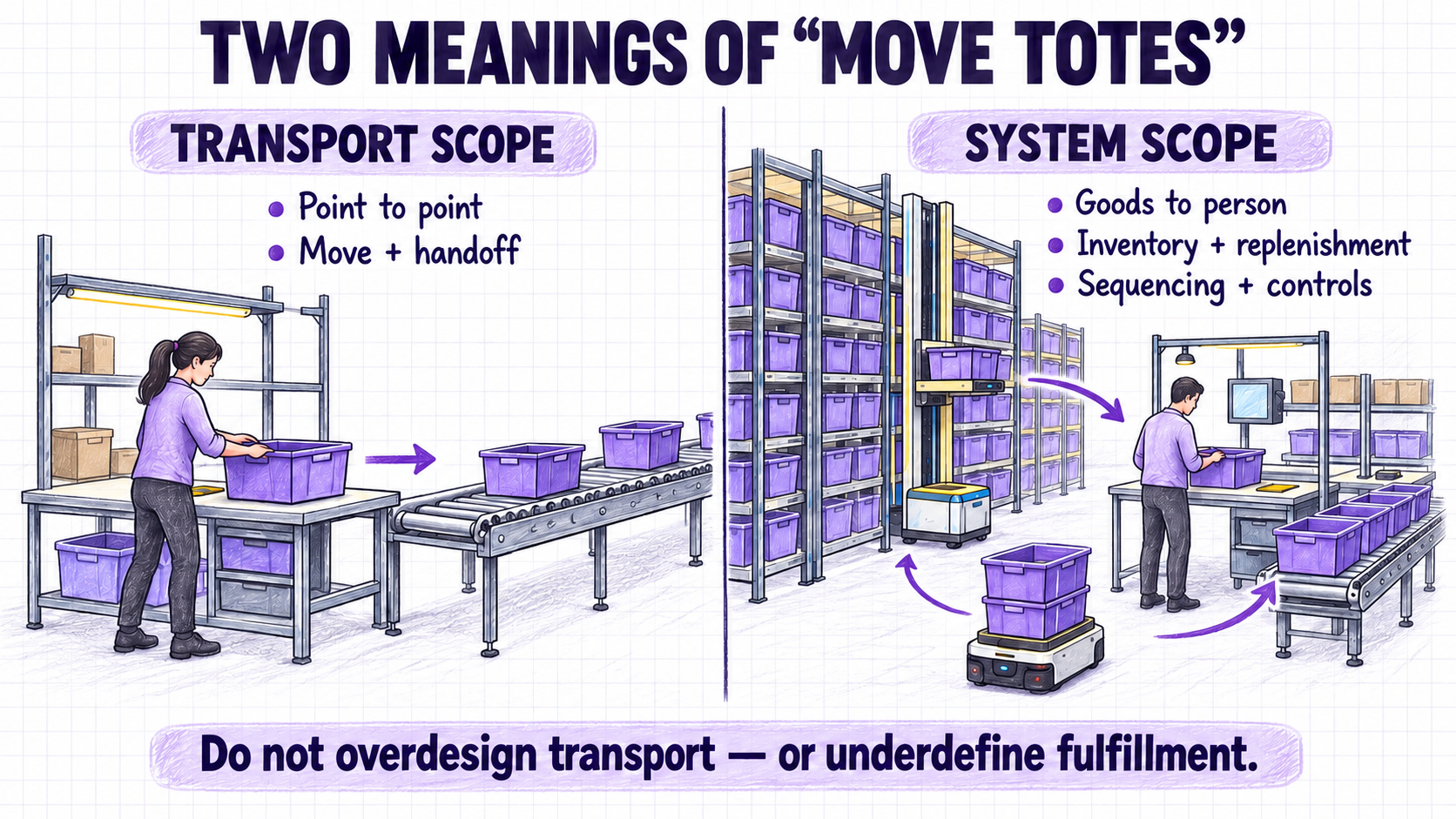 A split between point-to-point tote transport and goods-to-person fulfillment system scope.