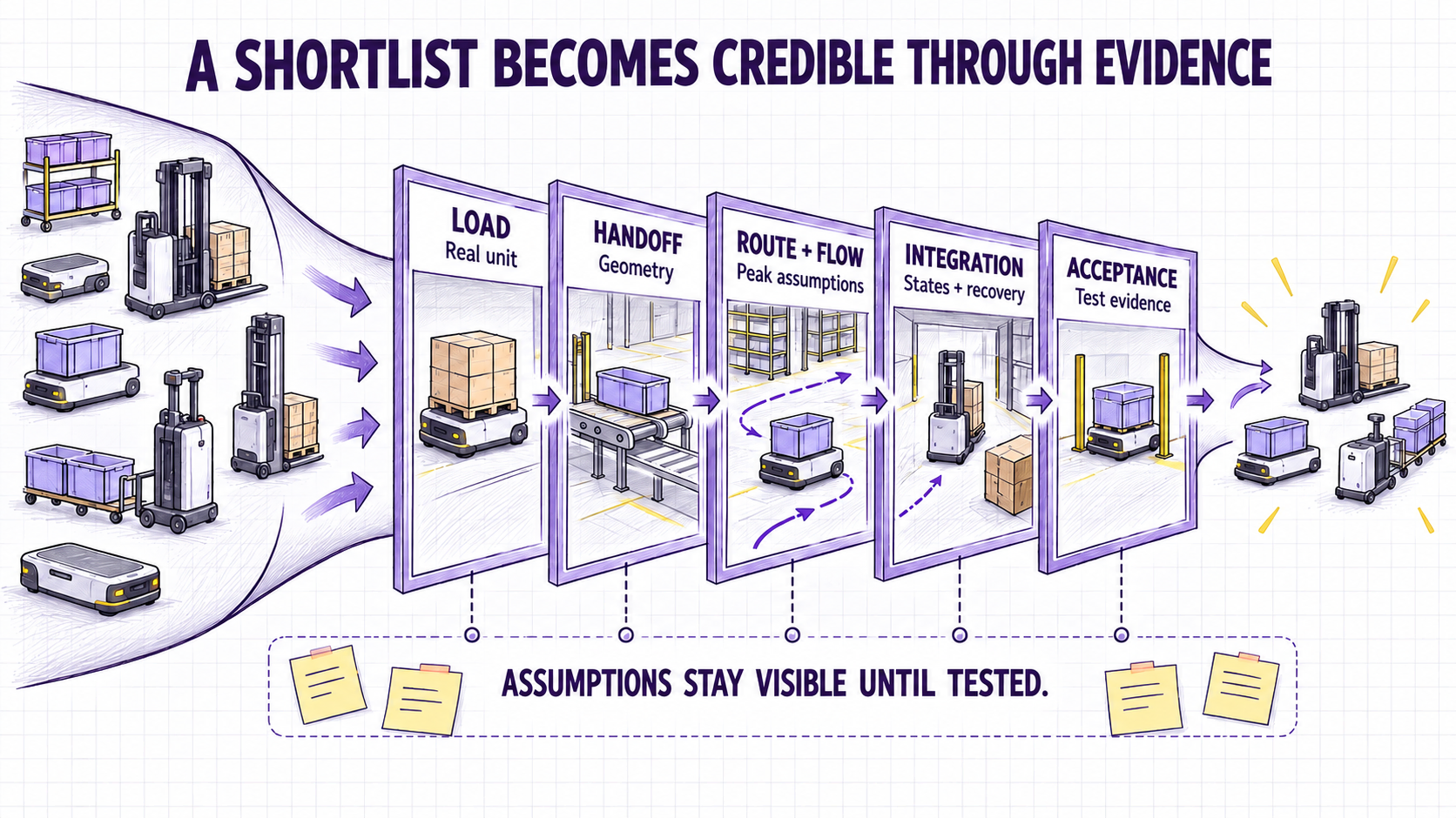 A candidate family passes through load, handoff, route and flow, integration, and acceptance evidence gates before approval.