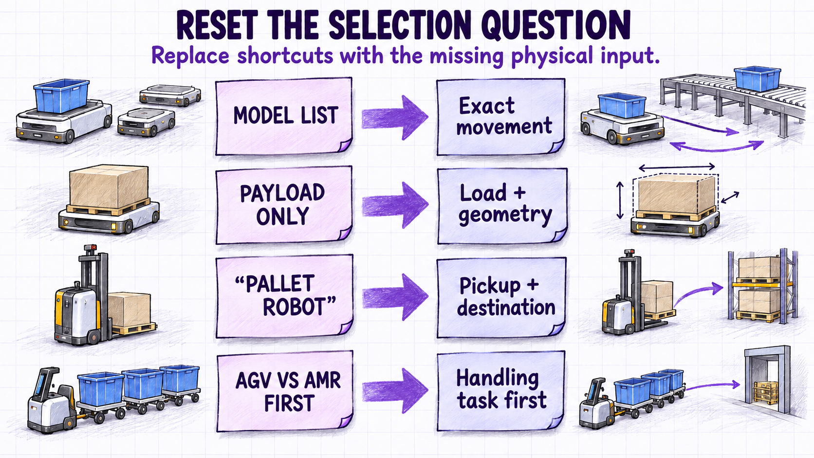 Four selection mistakes reset into task-first questions about movement, load, handoff, and validation.