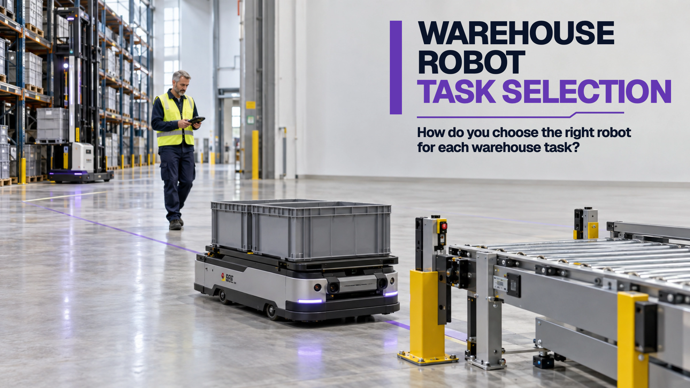 A warehouse transport robot moving a tote beside a conveyor in a modern warehouse, with selection guidance title text.