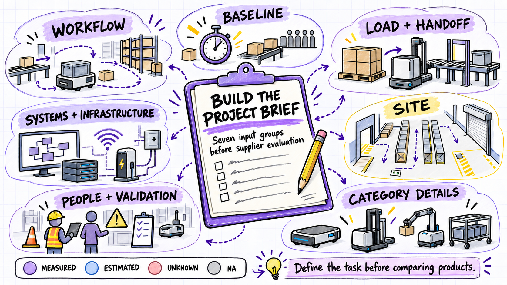 Seven connected project-input areas surrounding a warehouse robot project brief.