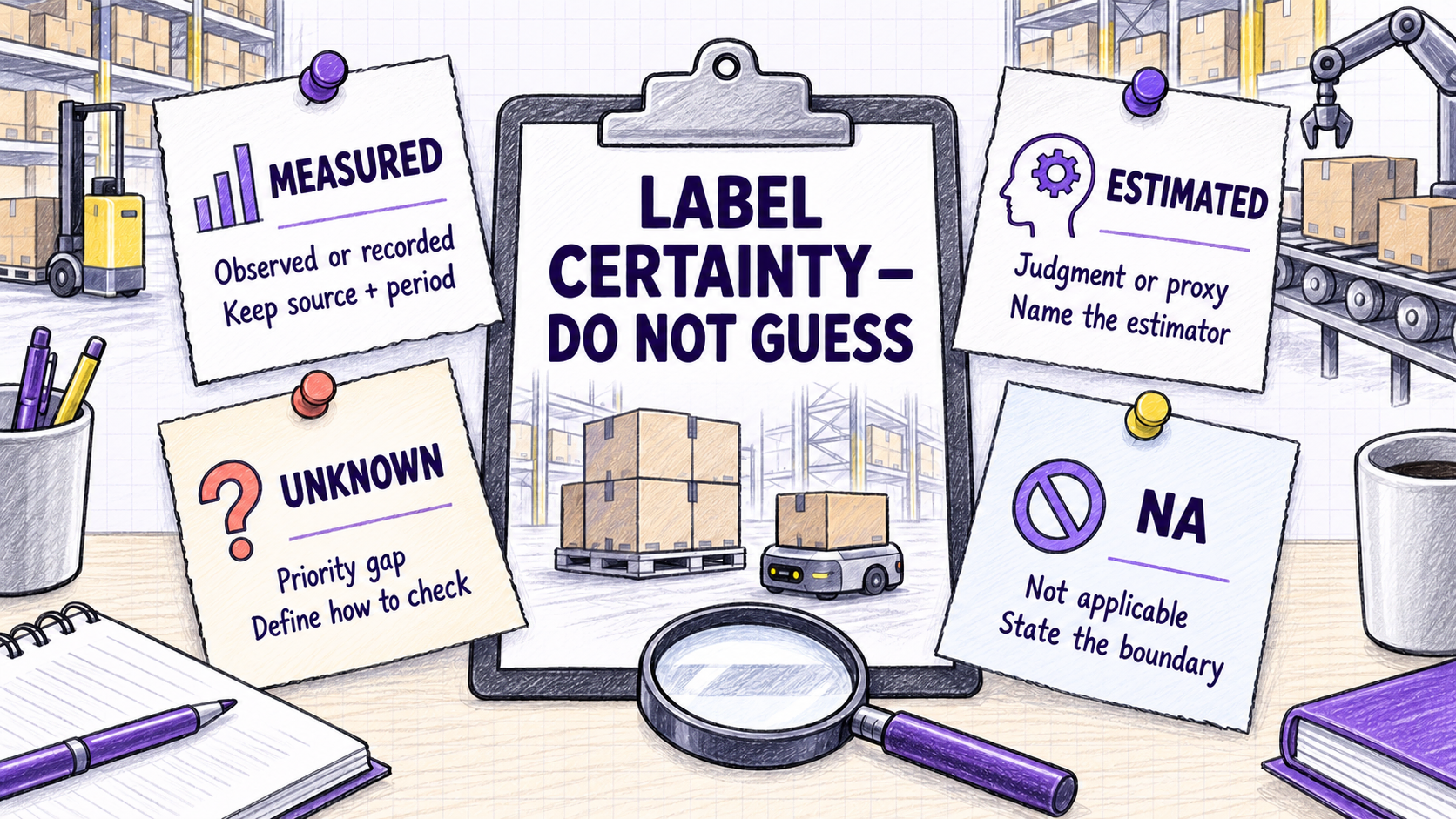 Four evidence-status cards labeled Measured, Estimated, Unknown, and NA.
