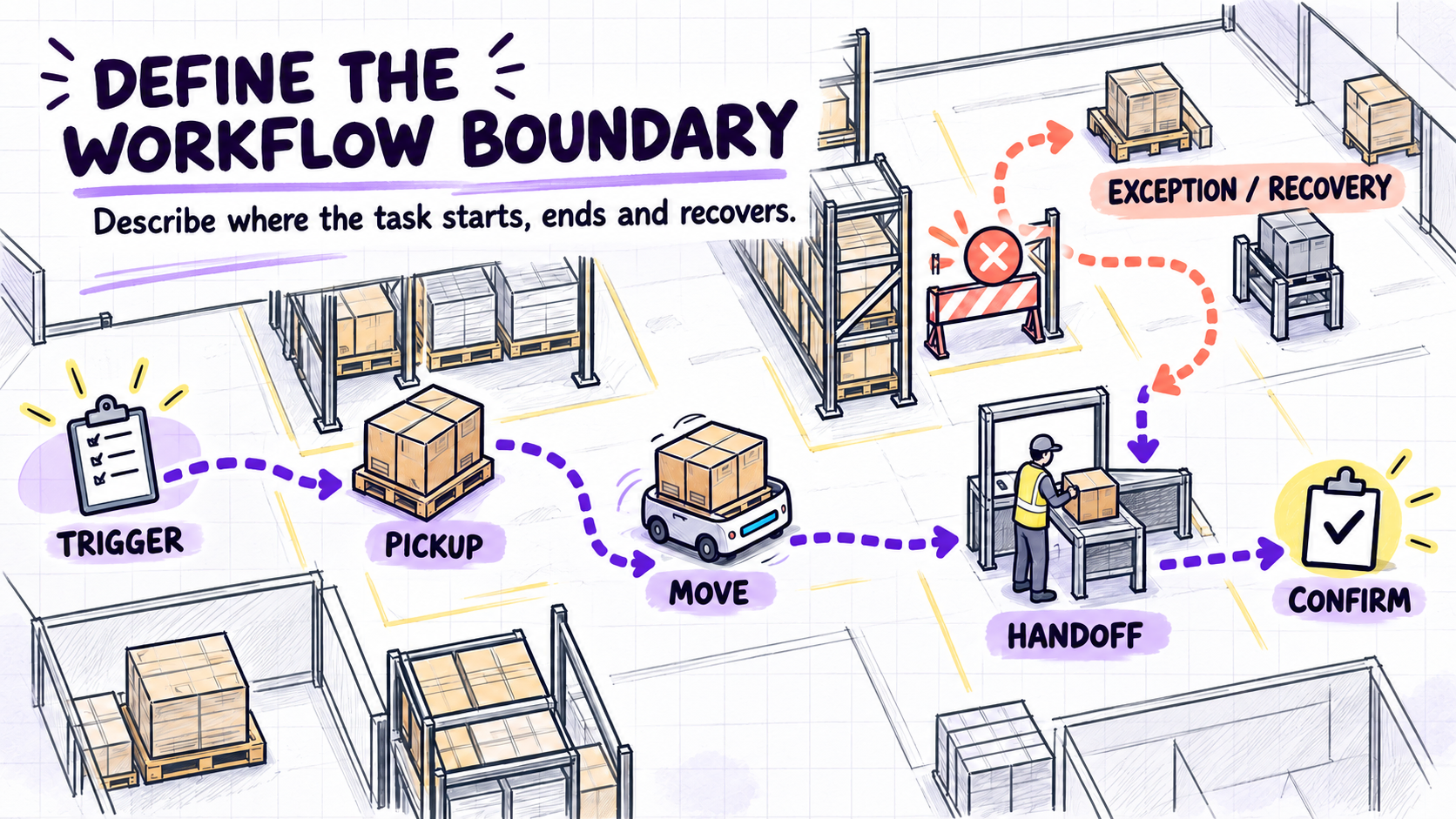 A six-step material-flow diagram from task trigger to exception handling.