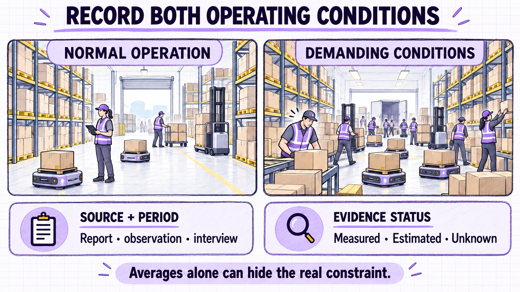 Baseline framework separating normal operation, demanding periods, evidence source, and evidence status.