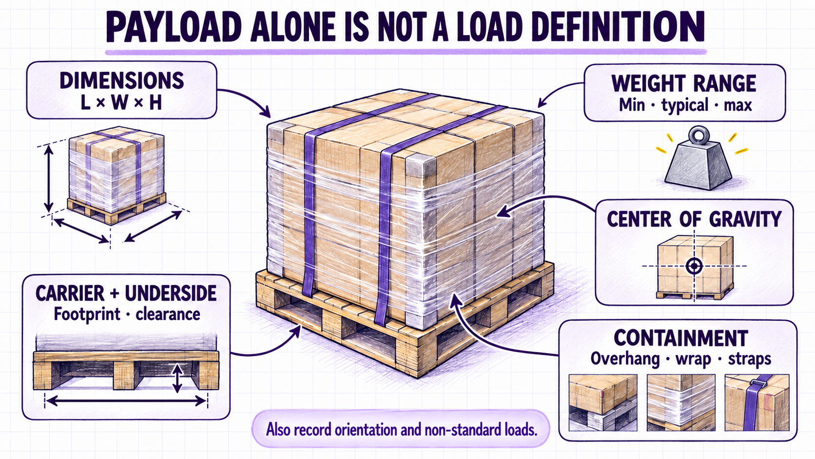 Annotated pallet load showing dimensions, combined weight range, center of gravity, containment, carrier, and orientation.