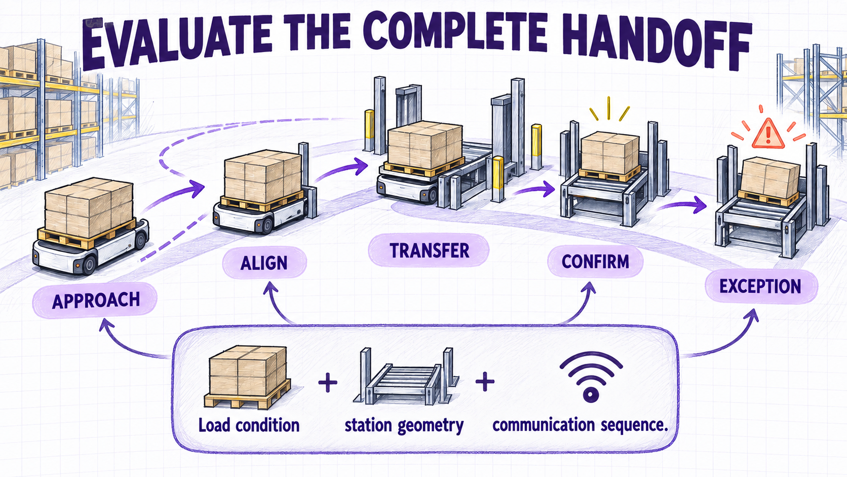 Five-stage handoff chain covering approach, alignment, transfer, completion signal, and exception handling.