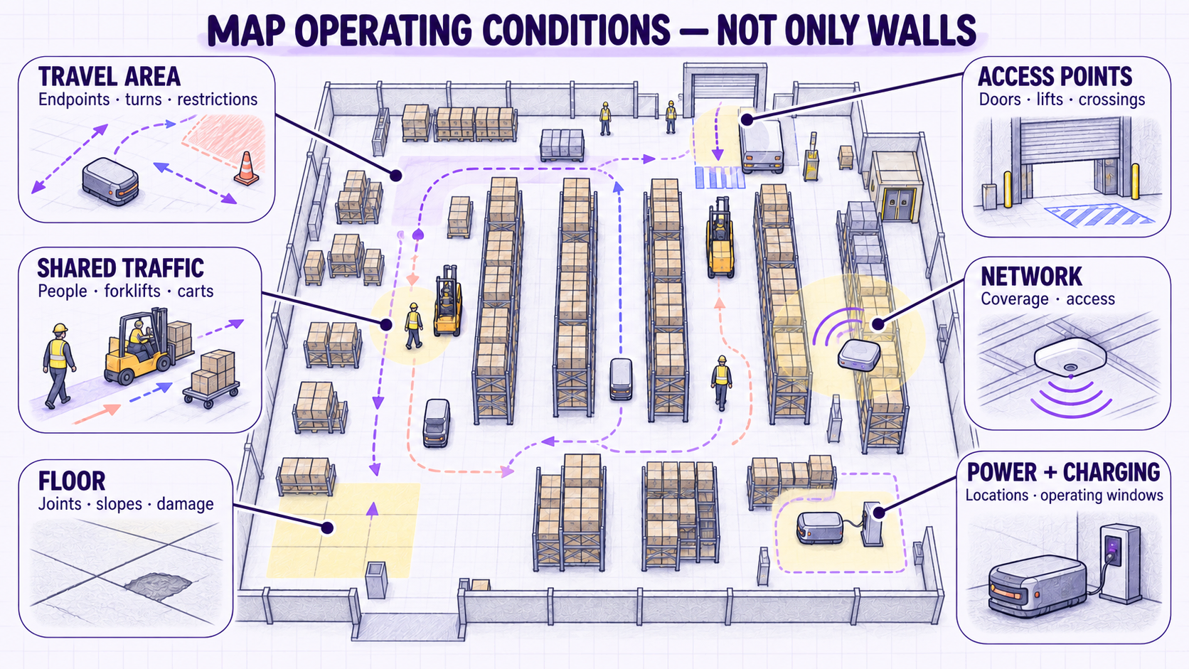 Conceptual warehouse information map with layers for travel area, shared traffic, access points, floor constraints, network, and charging.