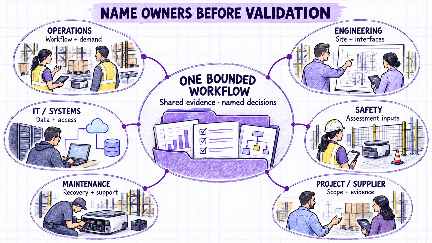 Six project stakeholder groups connected to one bounded workflow and evidence set.
