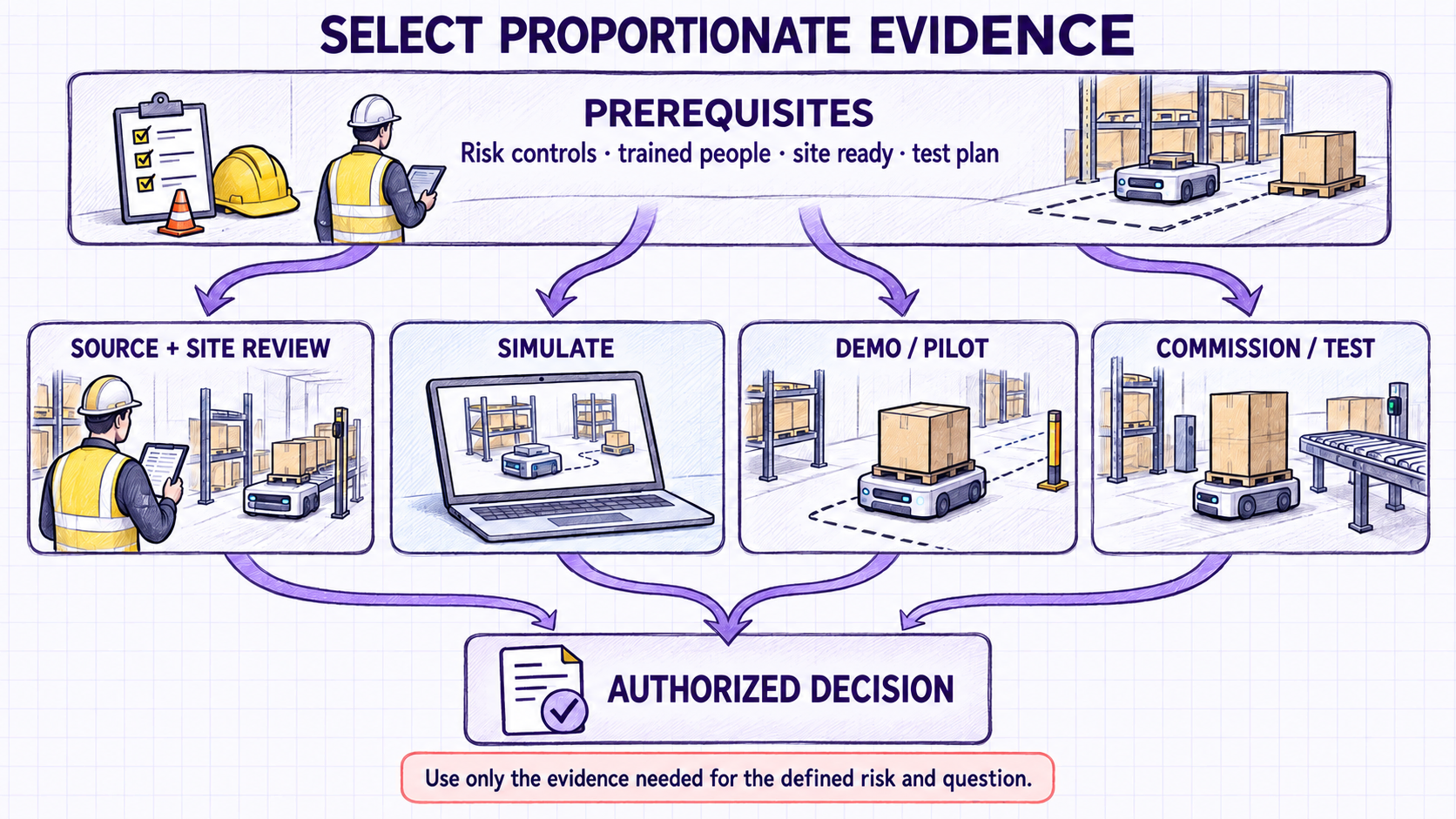 Branching validation map with prerequisite controls, optional project-specific evidence methods, and an authorized decision.