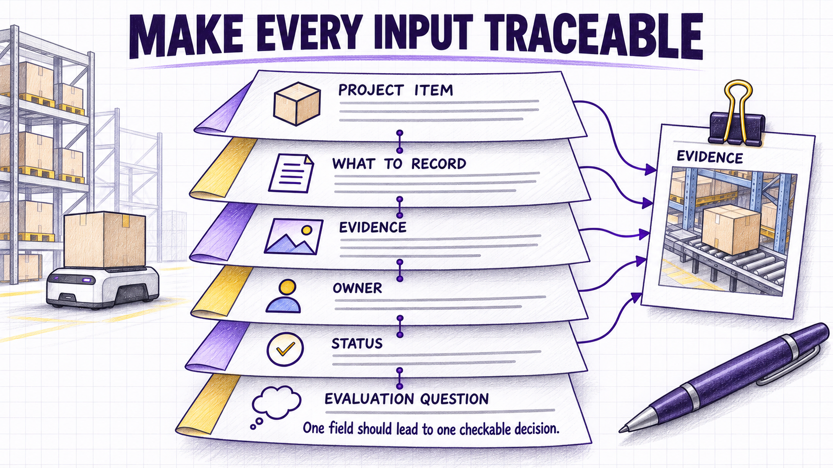 Six linked fields in a project brief: item, record, evidence, owner, status, and evaluation question.