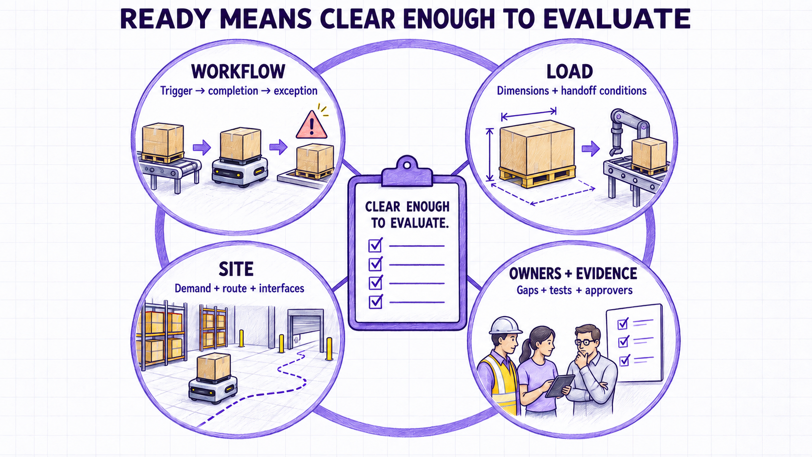 Four project-brief readiness gates covering workflow, load, operating context, and ownership and validation evidence.