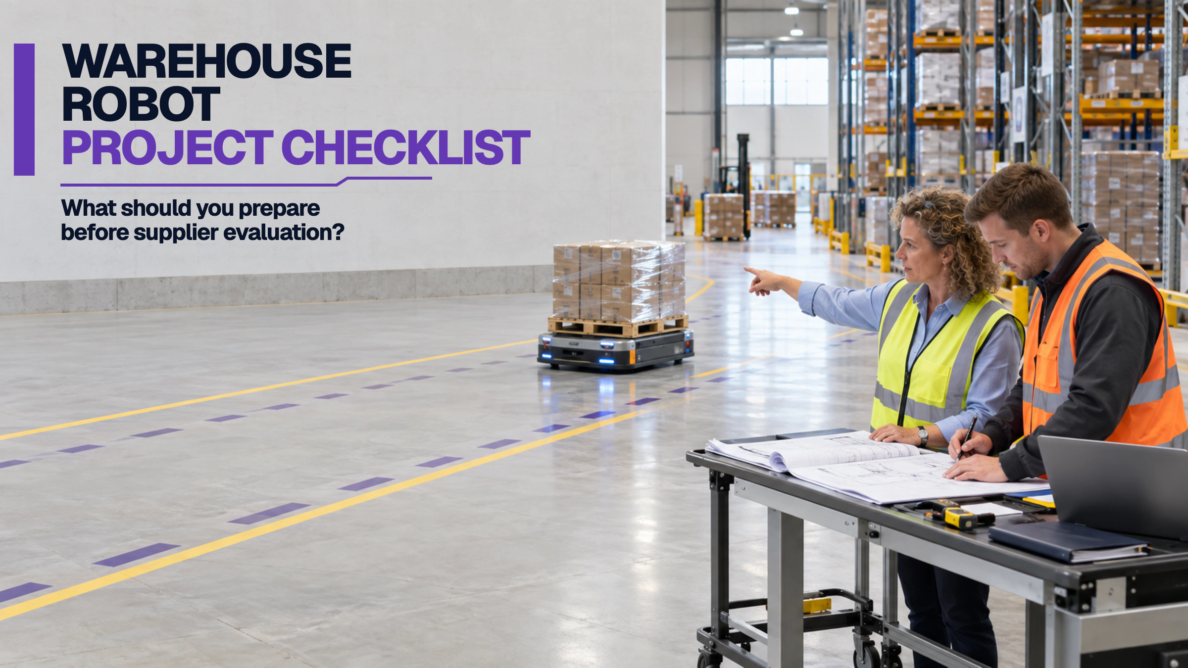 Warehouse project team reviewing a material-flow map, load details, site constraints, and a robot project checklist.